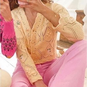 Zara Yellow Floral Knit Cardigan size Medium